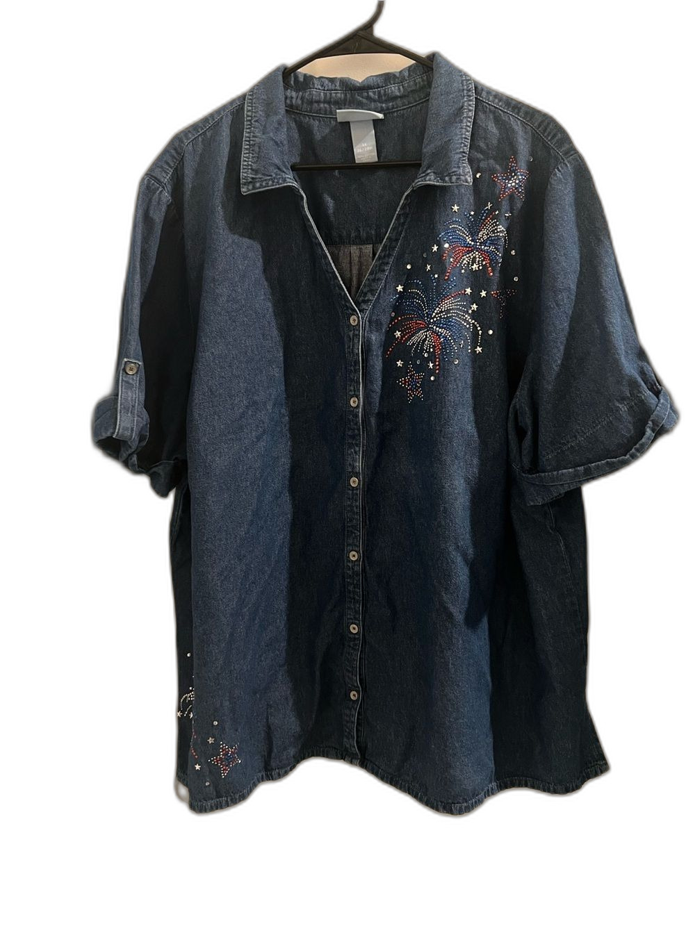 Liz & Me 3X 26/28W Denim Blue Embellished Fireworks Button Front Shirt
